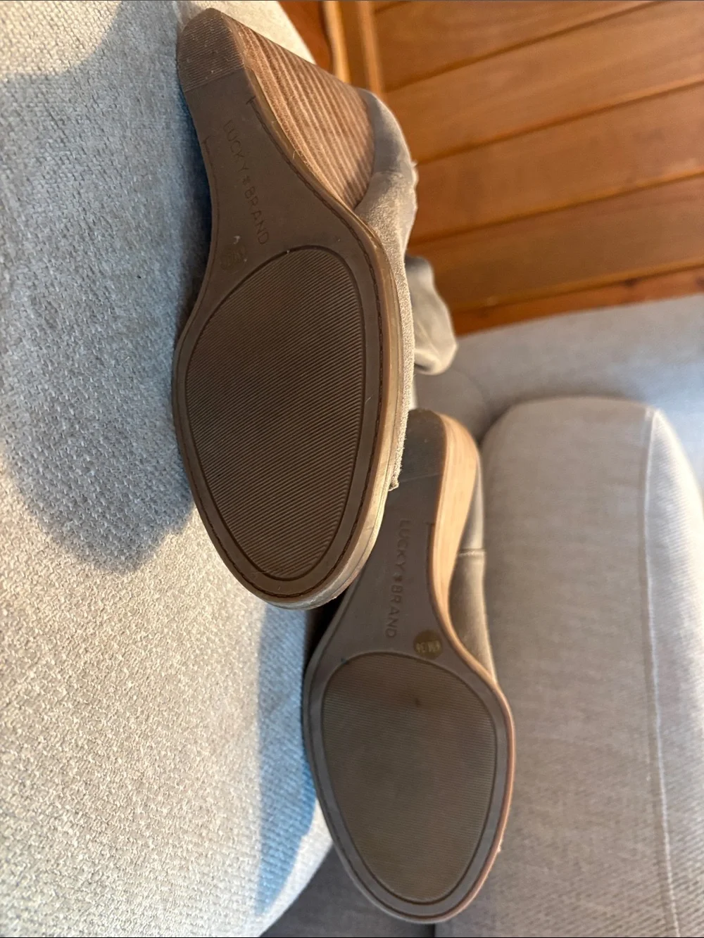 Lucky Brand Gray Open-Toe Wedge Booties, size 6, worn twice, soft leather